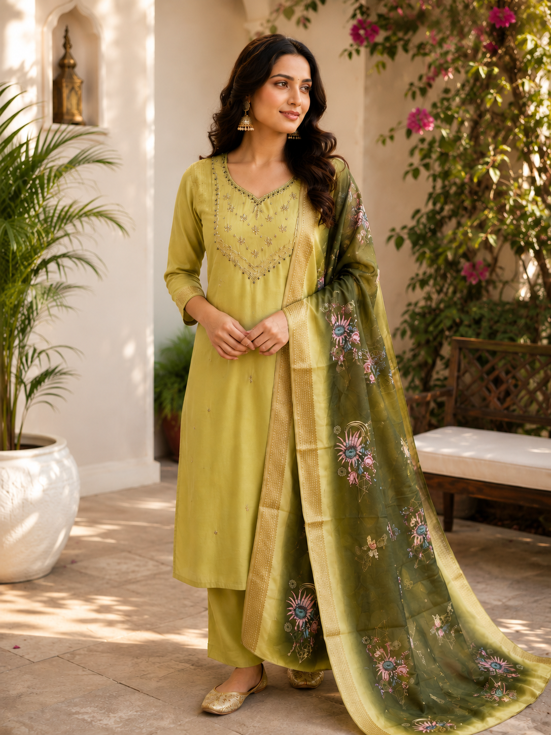 Very Beautiful Lime Green Handwork Premium Mul Chanderi Suit Set