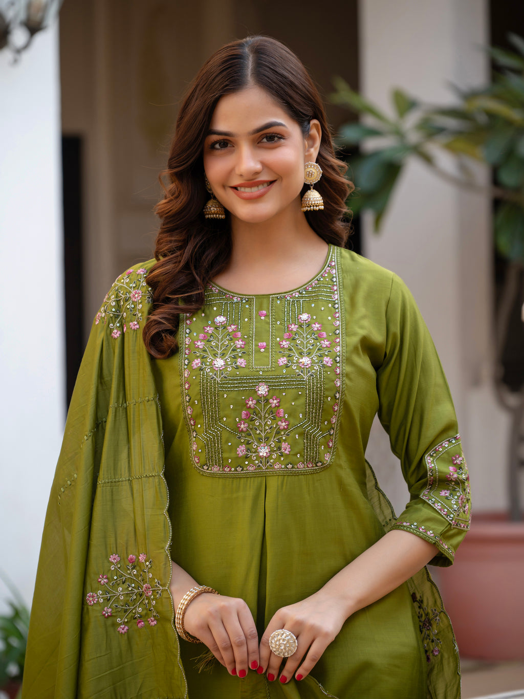 Luxury Pure Viscose Mango Silk Floral Embroidered Suit Set