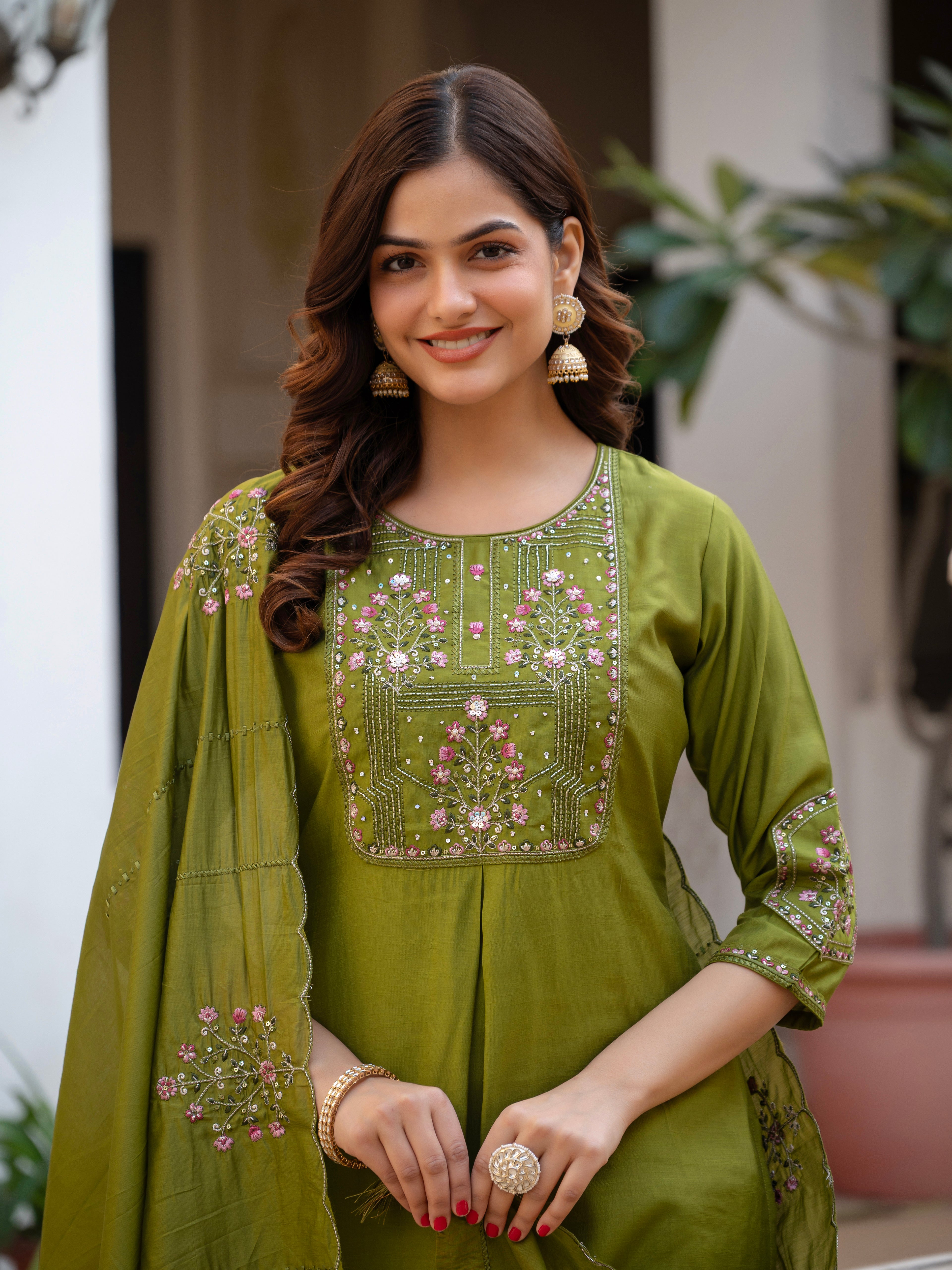 Luxury Pure Viscose Mango Silk Floral Embroidered Suit Set