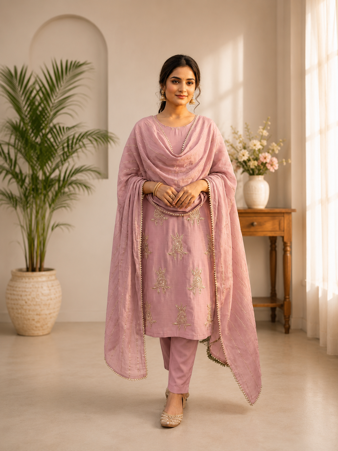 Elegant Pink Chinon 3-Piece Festive Salwar Suit Set with Sequin Work