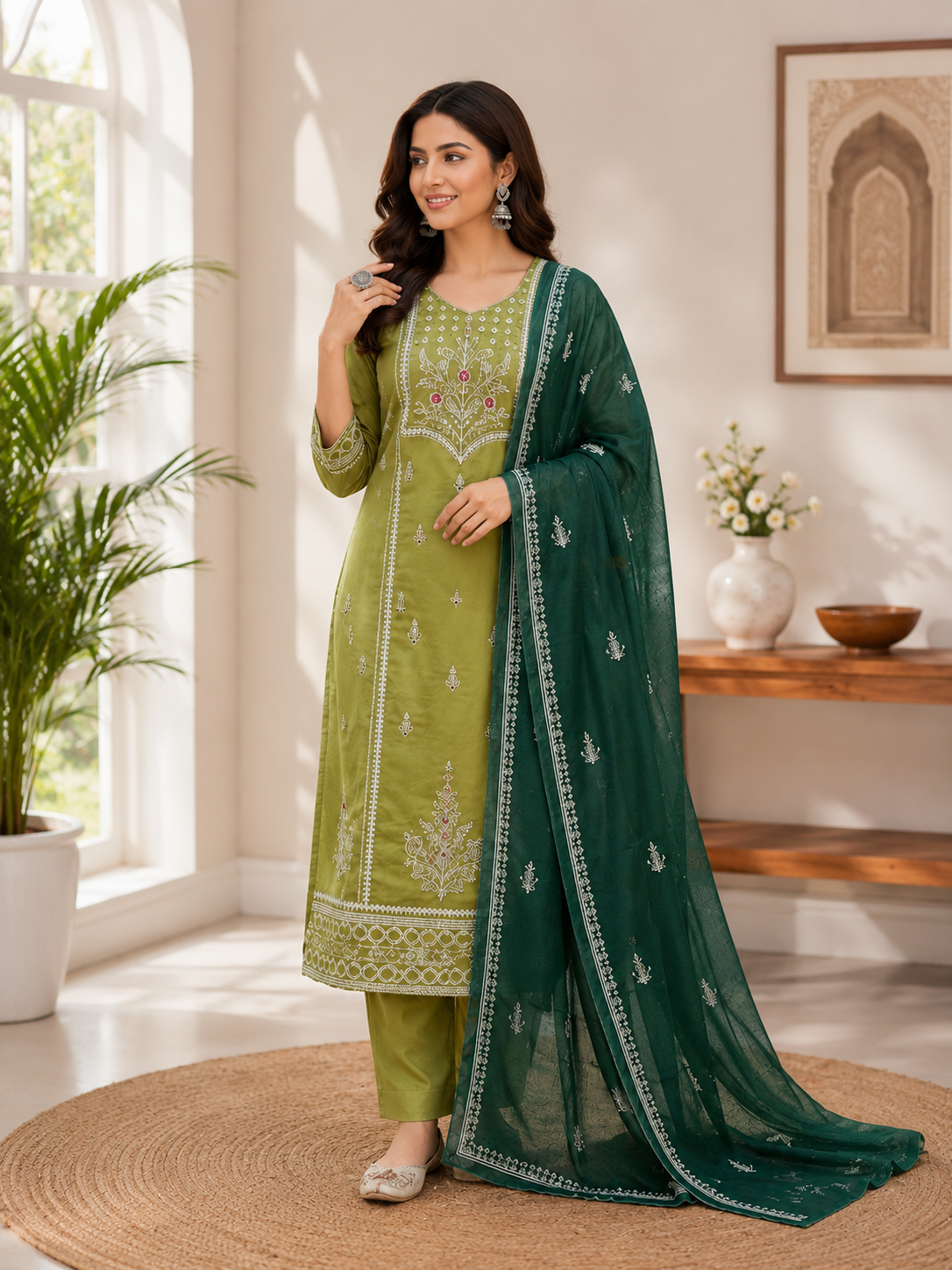 Elegant Green Hand Block Printed Pure Cotton Suit Set