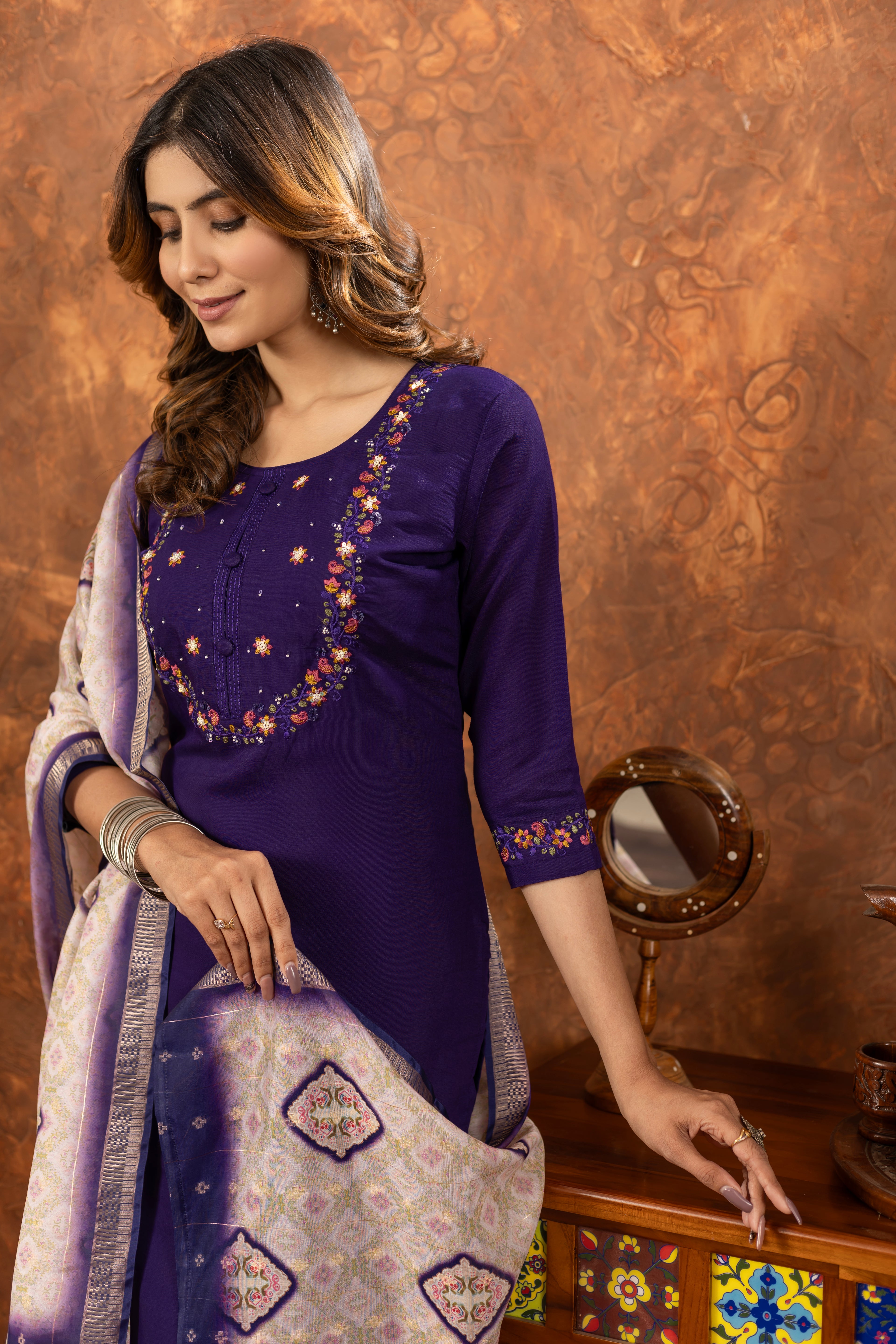 Designer Marina Silk Kurta Pant Dupatta Set
