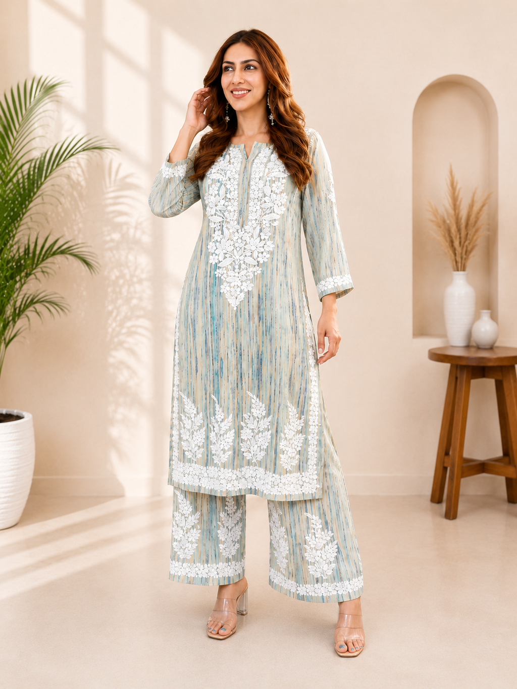 Very Attractive Multi Striped Rayon Embroidery Chikankari Suit Set