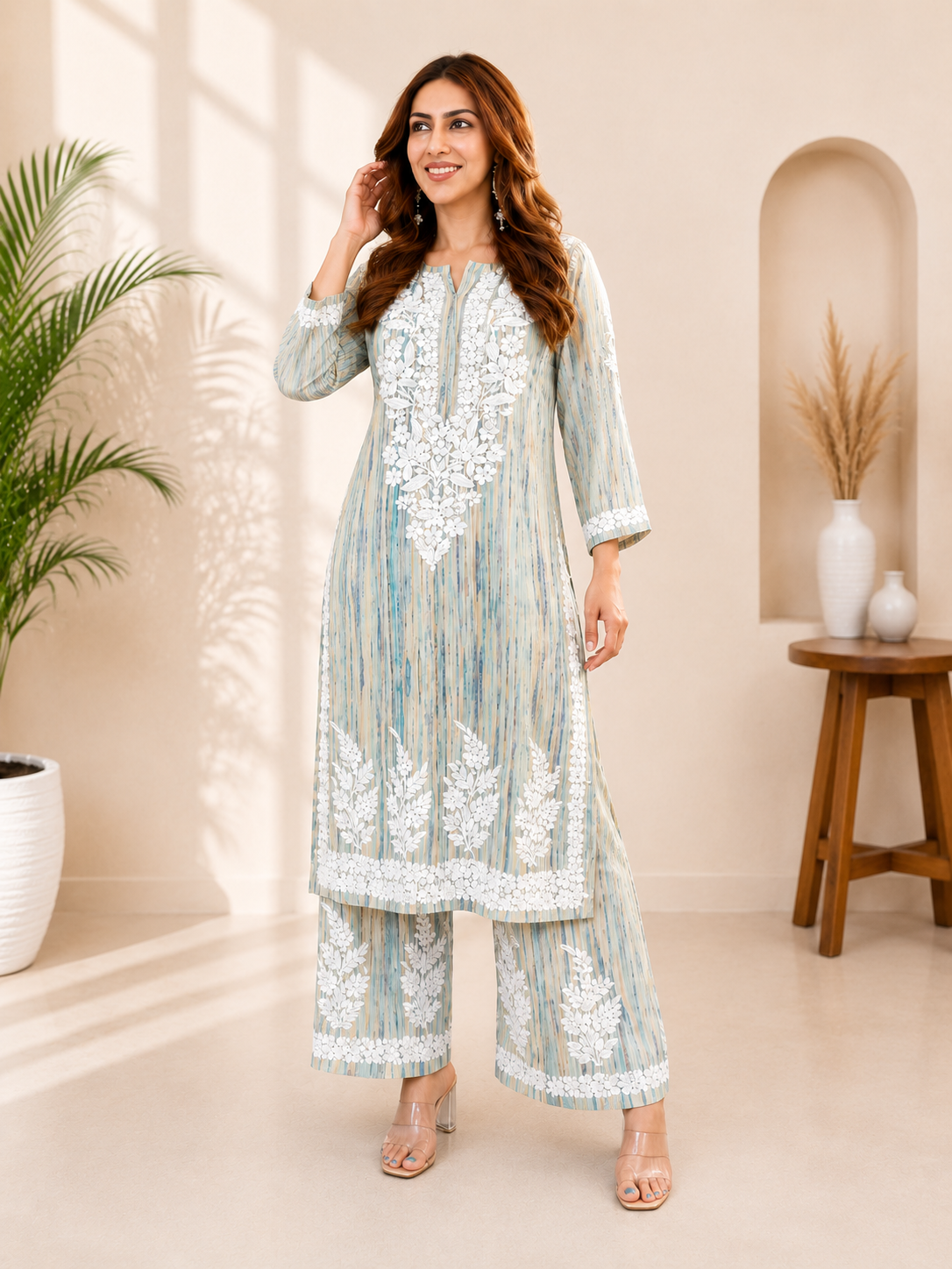Very Attractive Multi Striped Rayon Embroidery Chikankari Suit Set