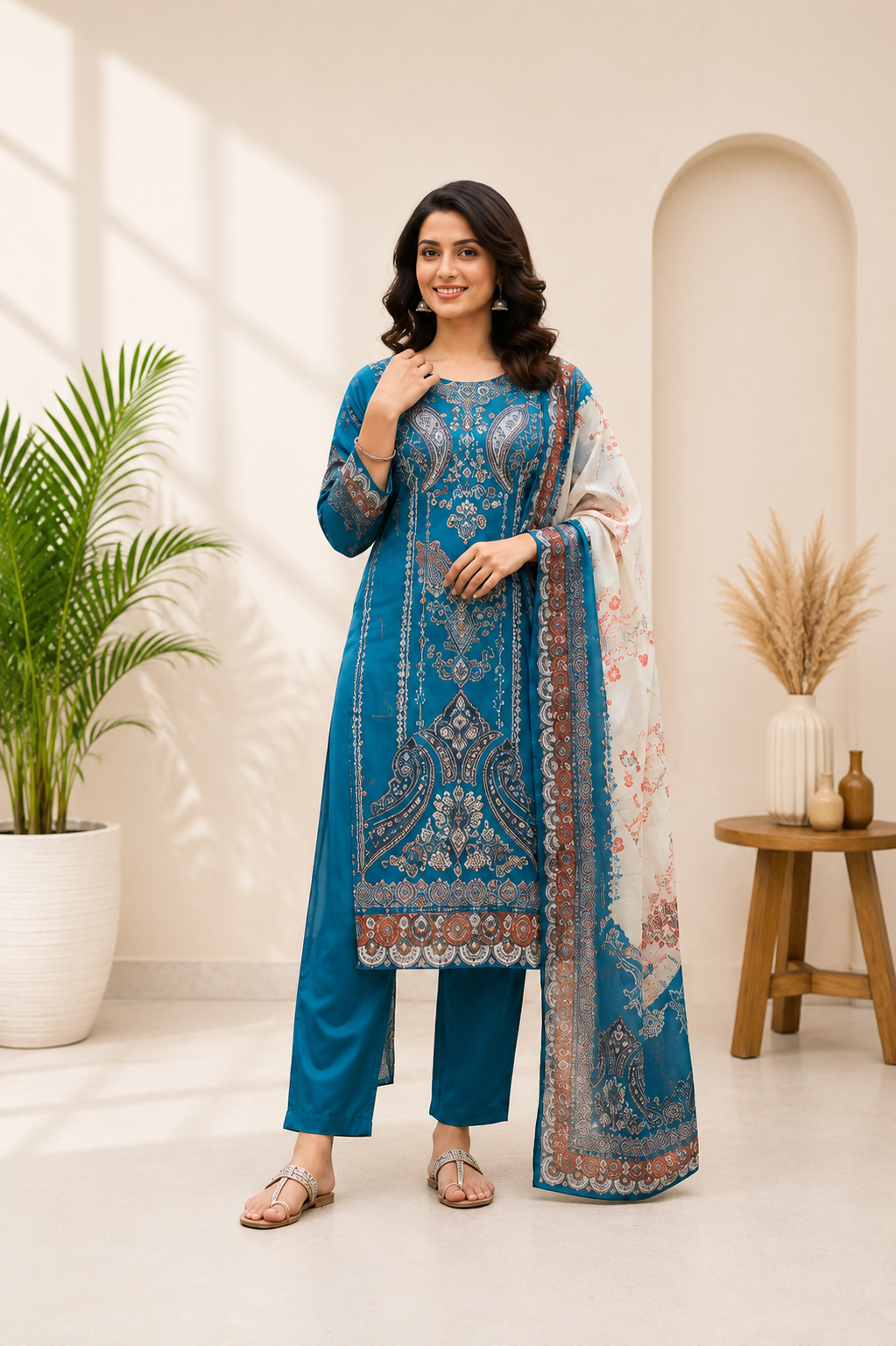 Elegant Teal Blue Chinon Printed Suit Set with Real Mirror Work