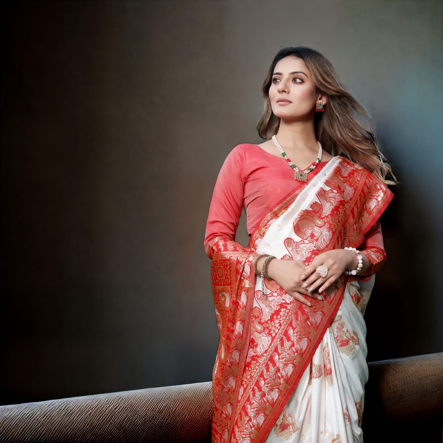 White & Red Soft Banarasi Silk Saree With Zari Weaving Work