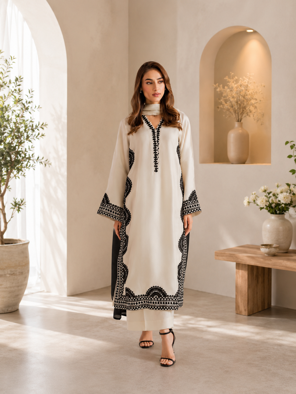 Ivory Biscuit Slub Monochrome Threadwork Kurta Set