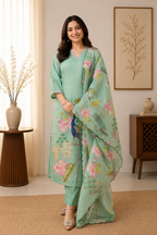 New Designer Mint Green Linen Cotton Suit Set with Handwork