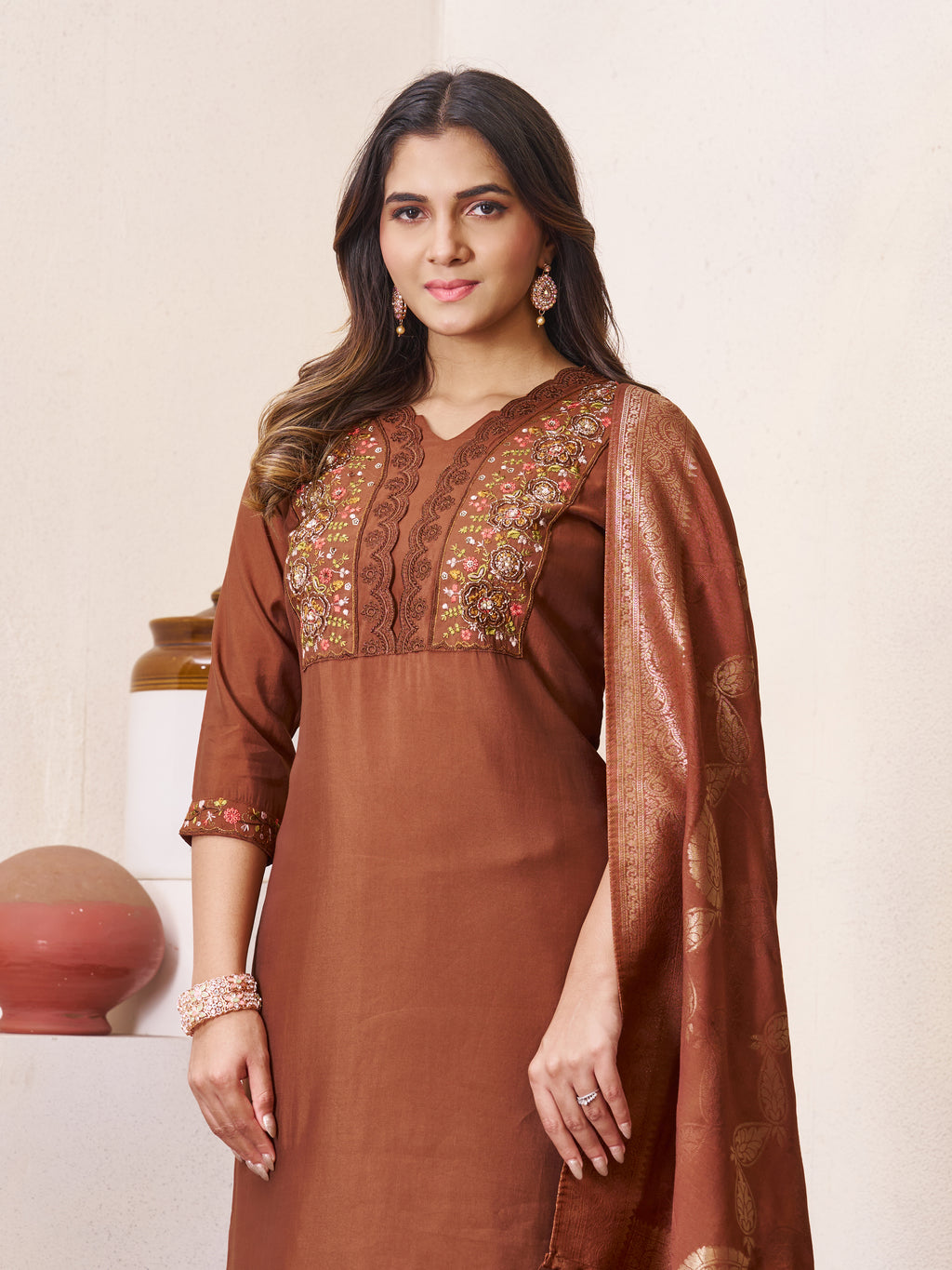 Premium Brown Roman Silk Embroidered Kurti Pant Dupatta Set