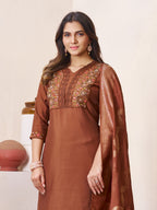 Premium Brown Roman Silk Embroidered Kurti Pant Dupatta Set