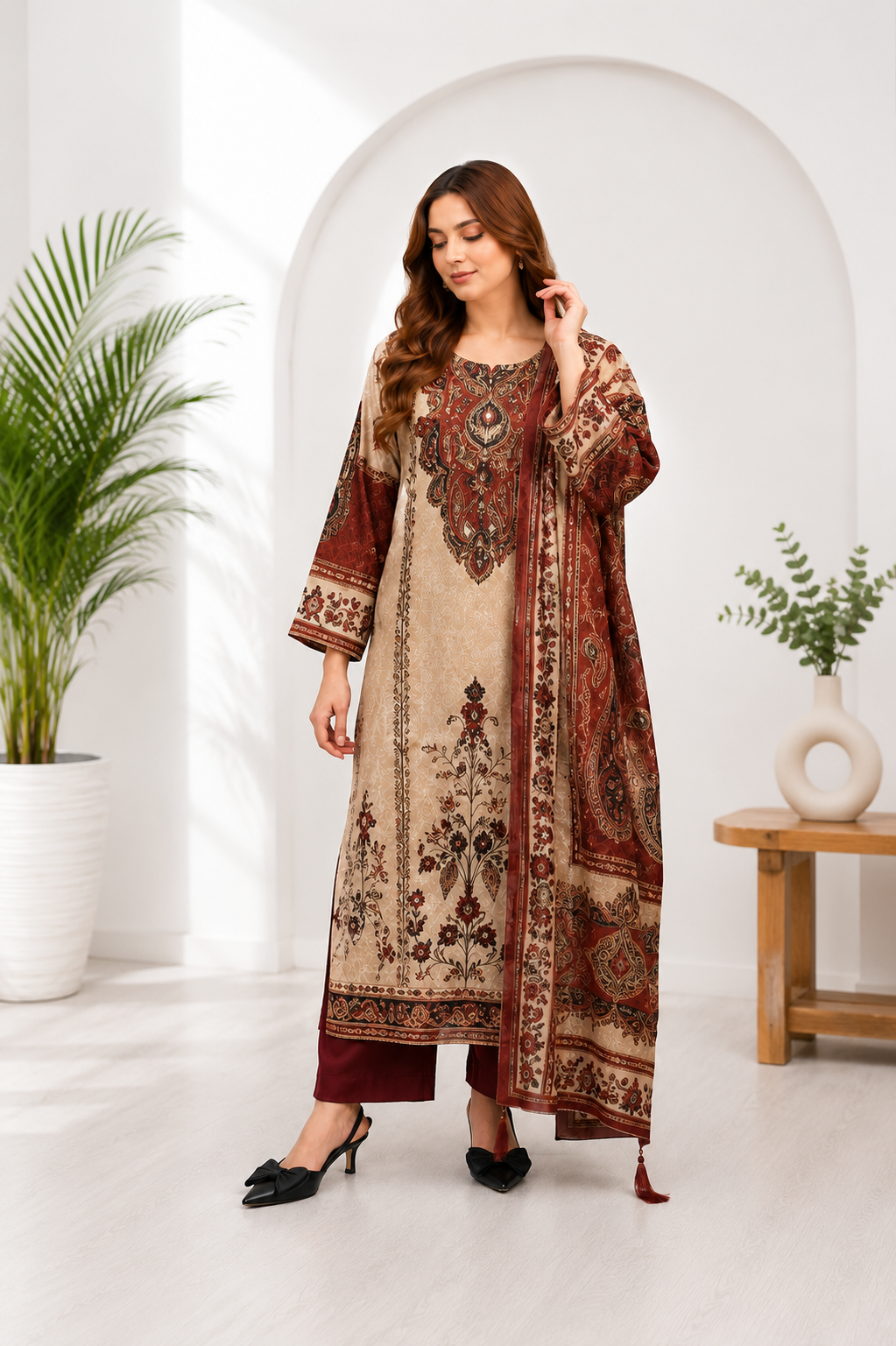Very Attractive Beige and Maroon Printed Chinon Suit Set With Mirror Work