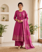 Catchy Rouge Pure Cotton Suit Set With Mirror Hand Work