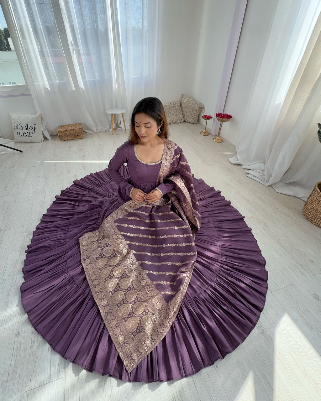 Designer Roman Silk Flared Suit Set with Traditional Jacquard Dupatta