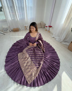 Designer Roman Silk Flared Suit Set with Traditional Jacquard Dupatta