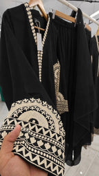 Elegant Midnight Black Biscuit Slub Threadwork Kurta Set With Dupatta
