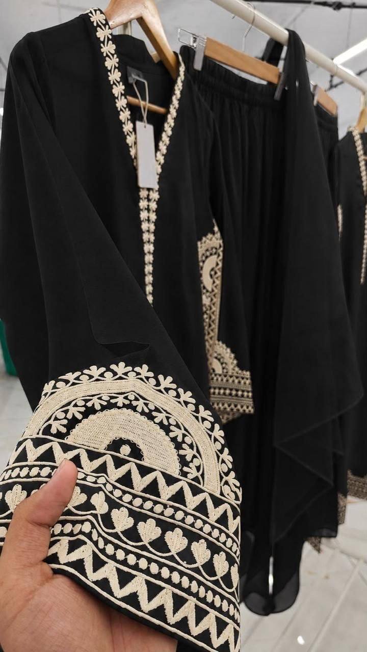 Elegant Midnight Black Biscuit Slub Threadwork Kurta Set With Dupatta