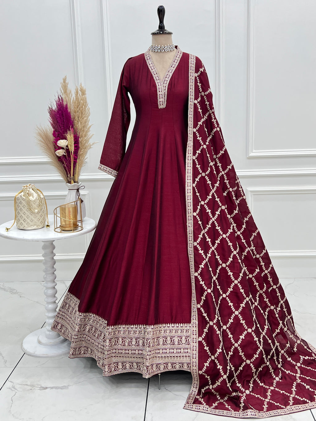 Women's Deep Maroon Flared Anarkali Kurta with Zari Lattice Dupatta Set