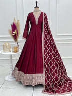 Women's Deep Maroon Flared Anarkali Kurta with Zari Lattice Dupatta Set