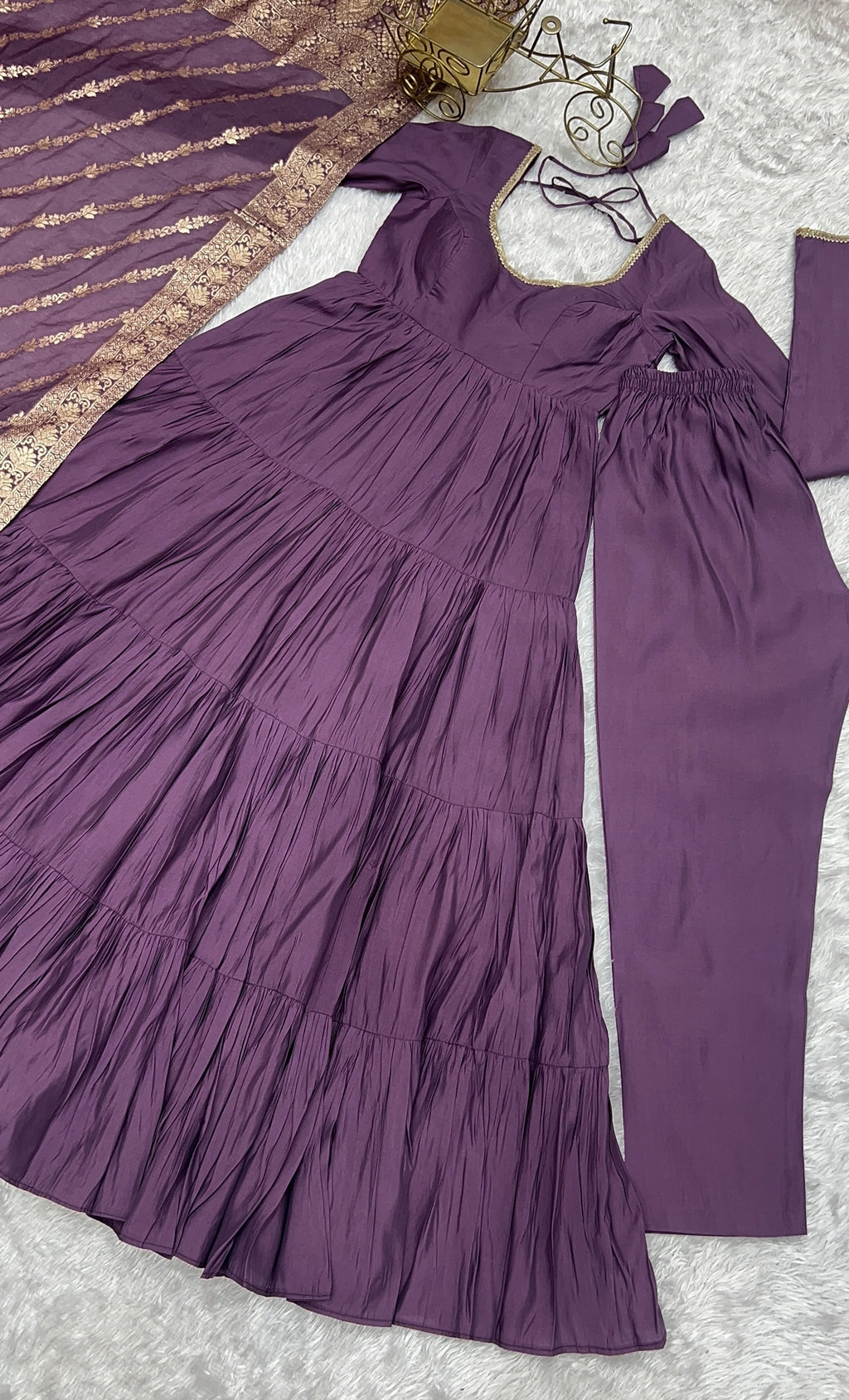 Designer Roman Silk Flared Suit Set with Traditional Jacquard Dupatta