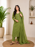 Very Attractive Green Roman Silk Embroidered Suit Set
