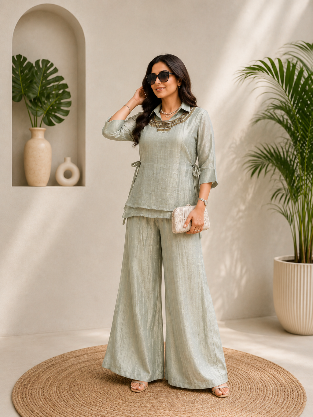 Luxury Seafoam Green Salsa Crushed Festive Co-Ord Set