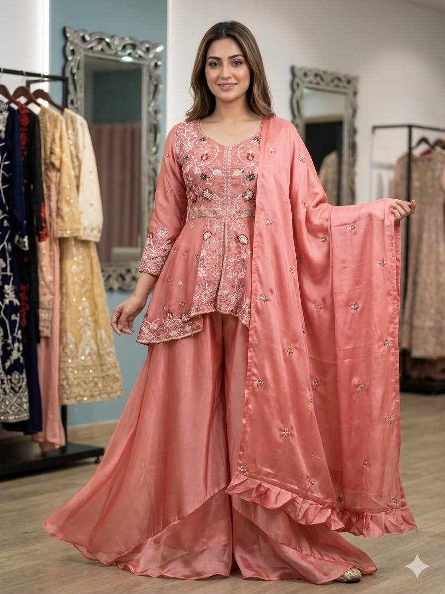 New Designer Pink Rangoli Silk Embroidered Suit Set