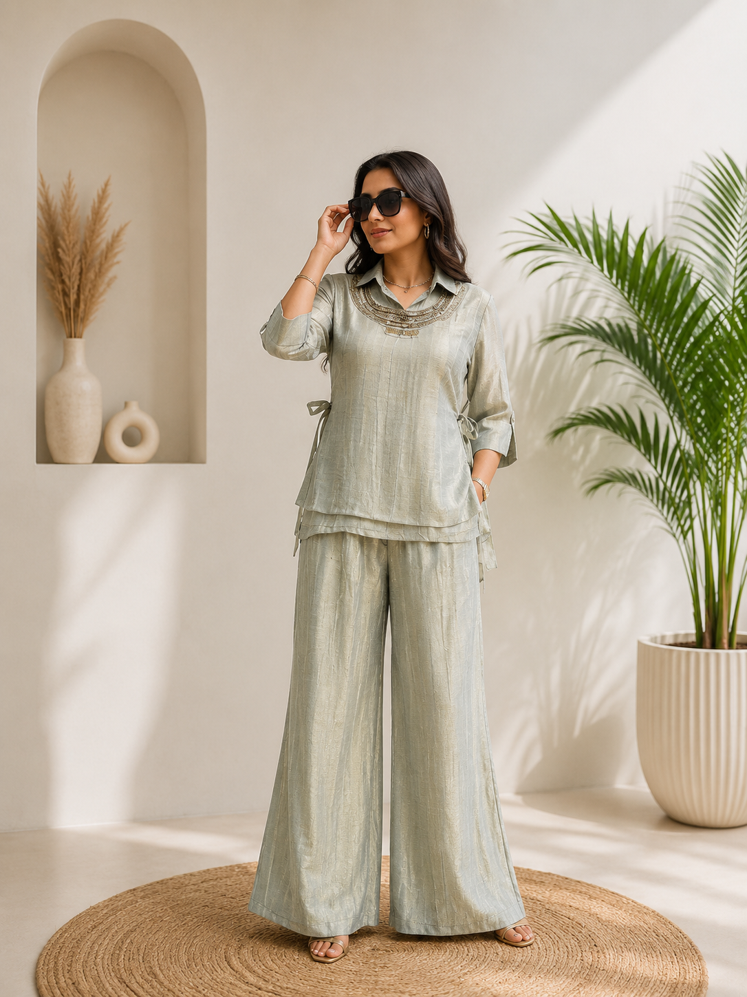 Luxury Seafoam Green Salsa Crushed Festive Co-Ord Set