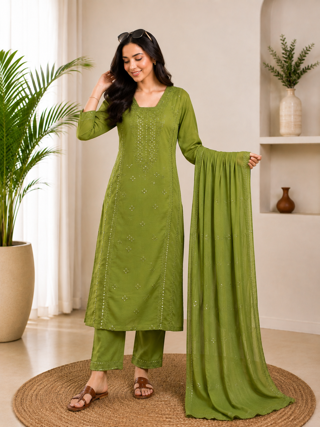 Very Attractive Green Roman Silk Embroidered Suit Set