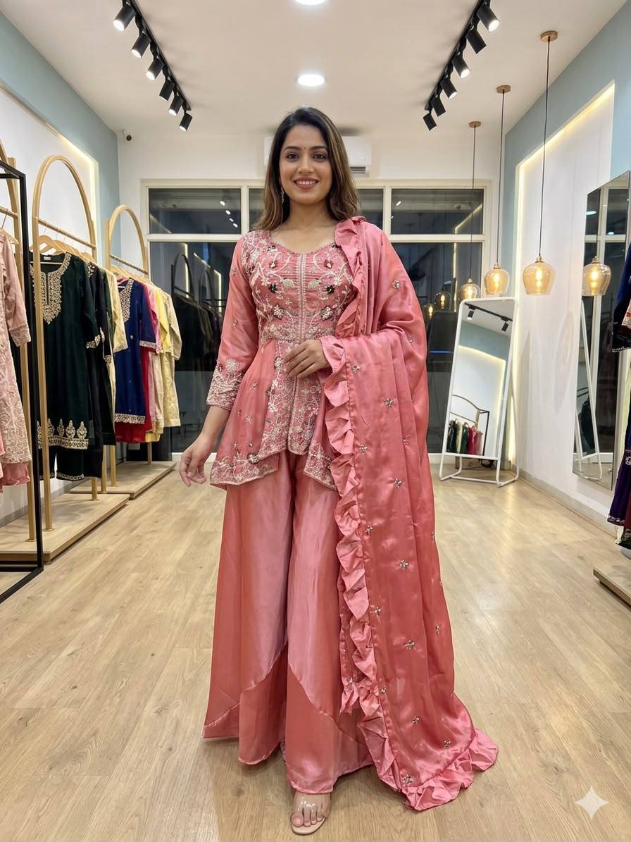 New Designer Pink Rangoli Silk Embroidered Suit Set