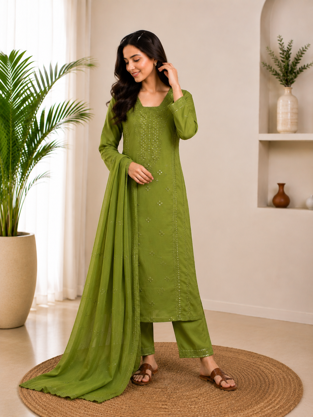 Very Attractive Green Roman Silk Embroidered Suit Set