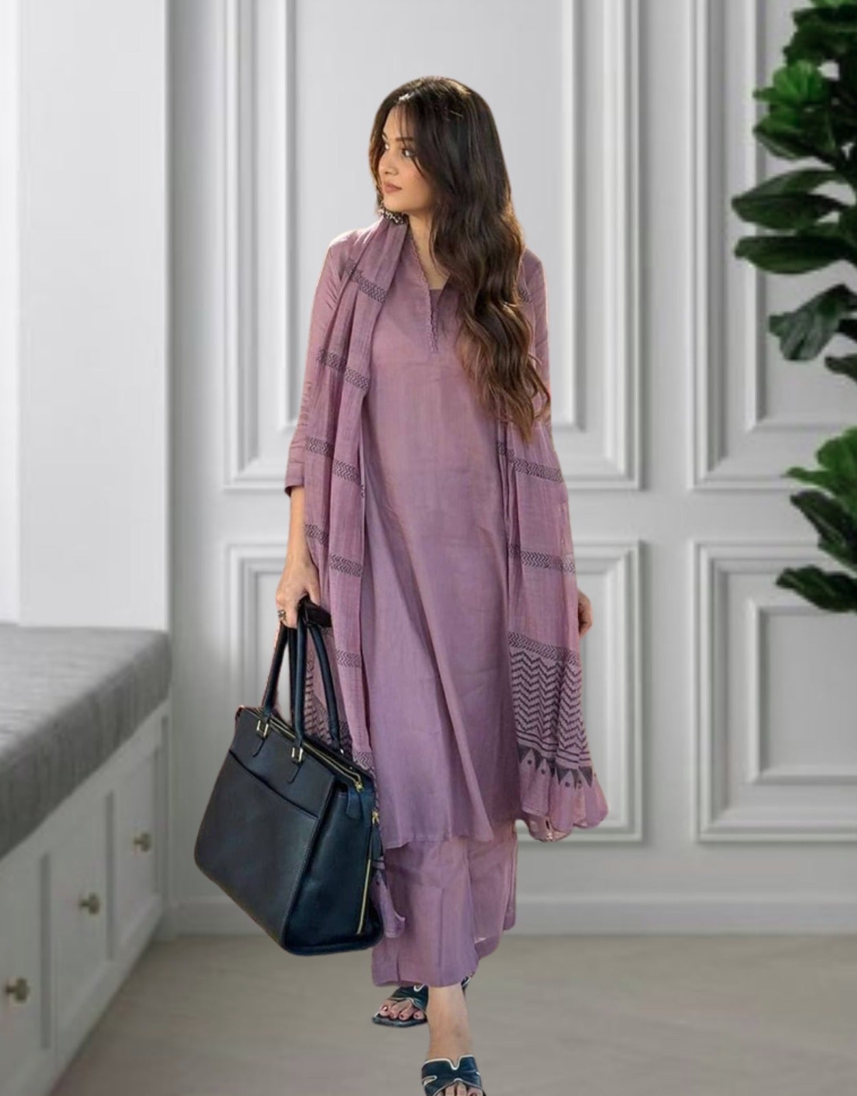 Elegant Mauve Viscose Rayon Straight Kurta Pant Set with Printed Dupatta