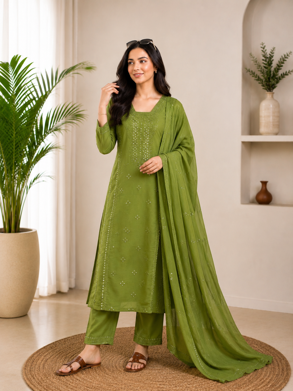 Very Attractive Green Roman Silk Embroidered Suit Set
