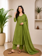 Very Attractive Green Roman Silk Embroidered Suit Set