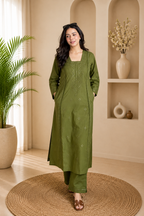 Very Attractive Green Roman Silk Embroidered Suit Set