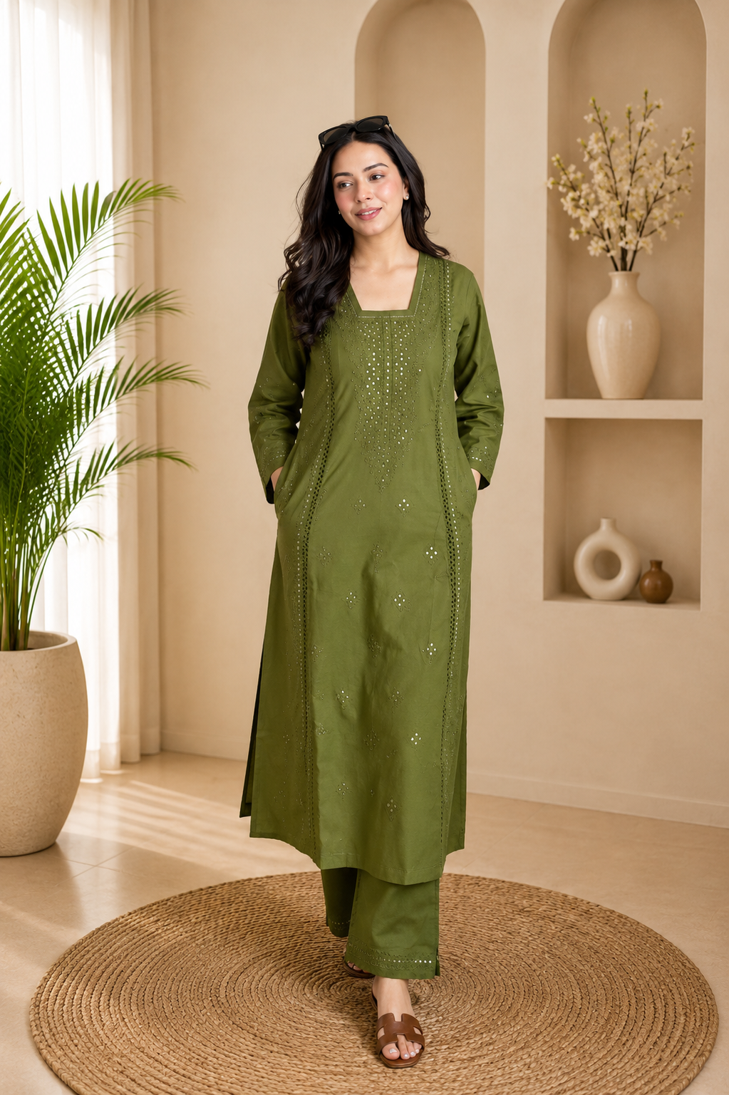 Very Attractive Green Roman Silk Embroidered Suit Set