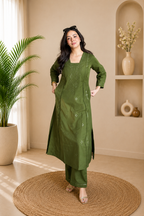 Very Attractive Green Roman Silk Embroidered Suit Set
