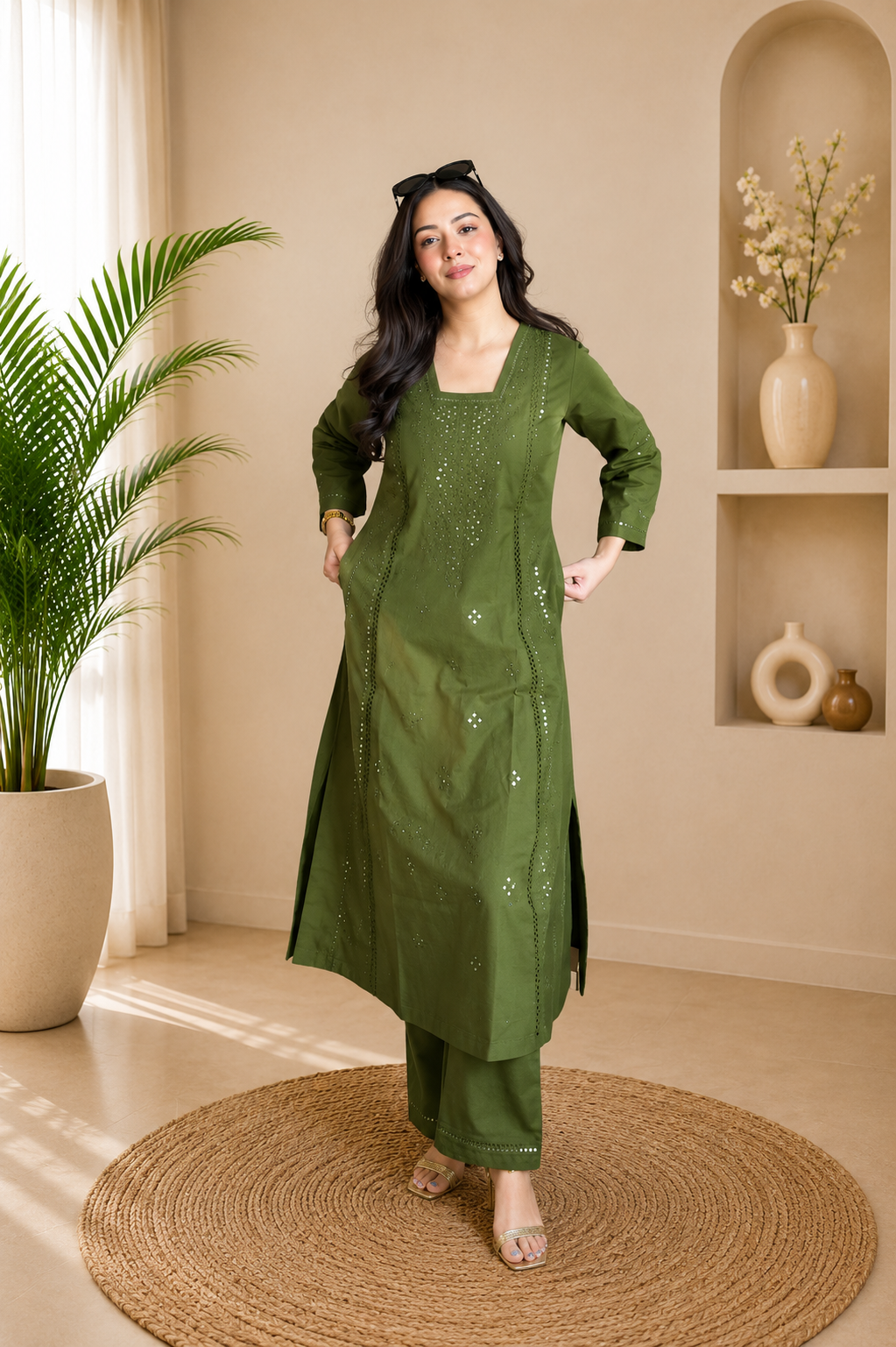 Very Attractive Green Roman Silk Embroidered Suit Set