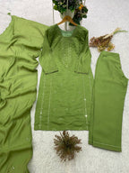 Very Attractive Green Roman Silk Embroidered Suit Set