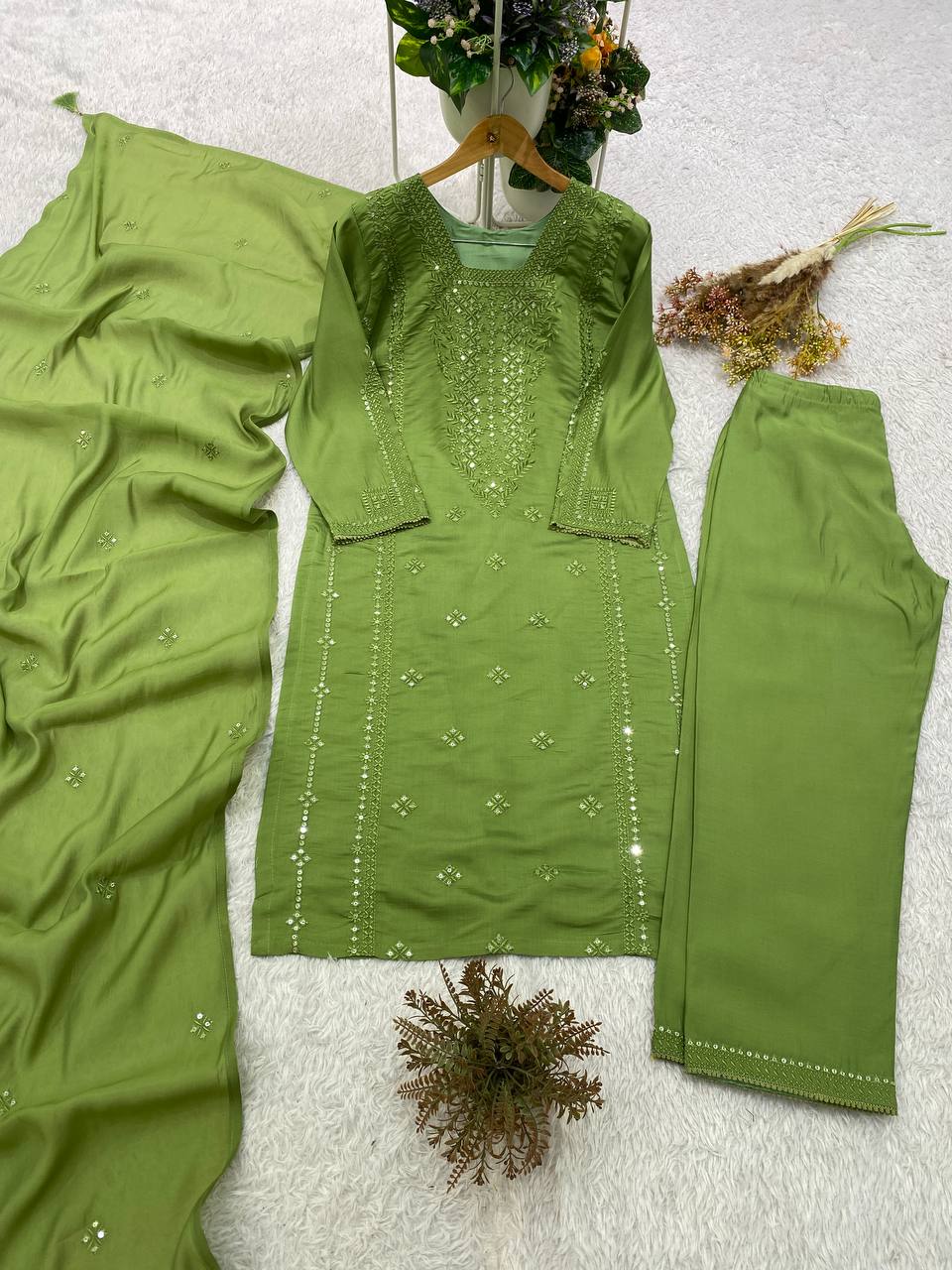 Very Attractive Green Roman Silk Embroidered Suit Set
