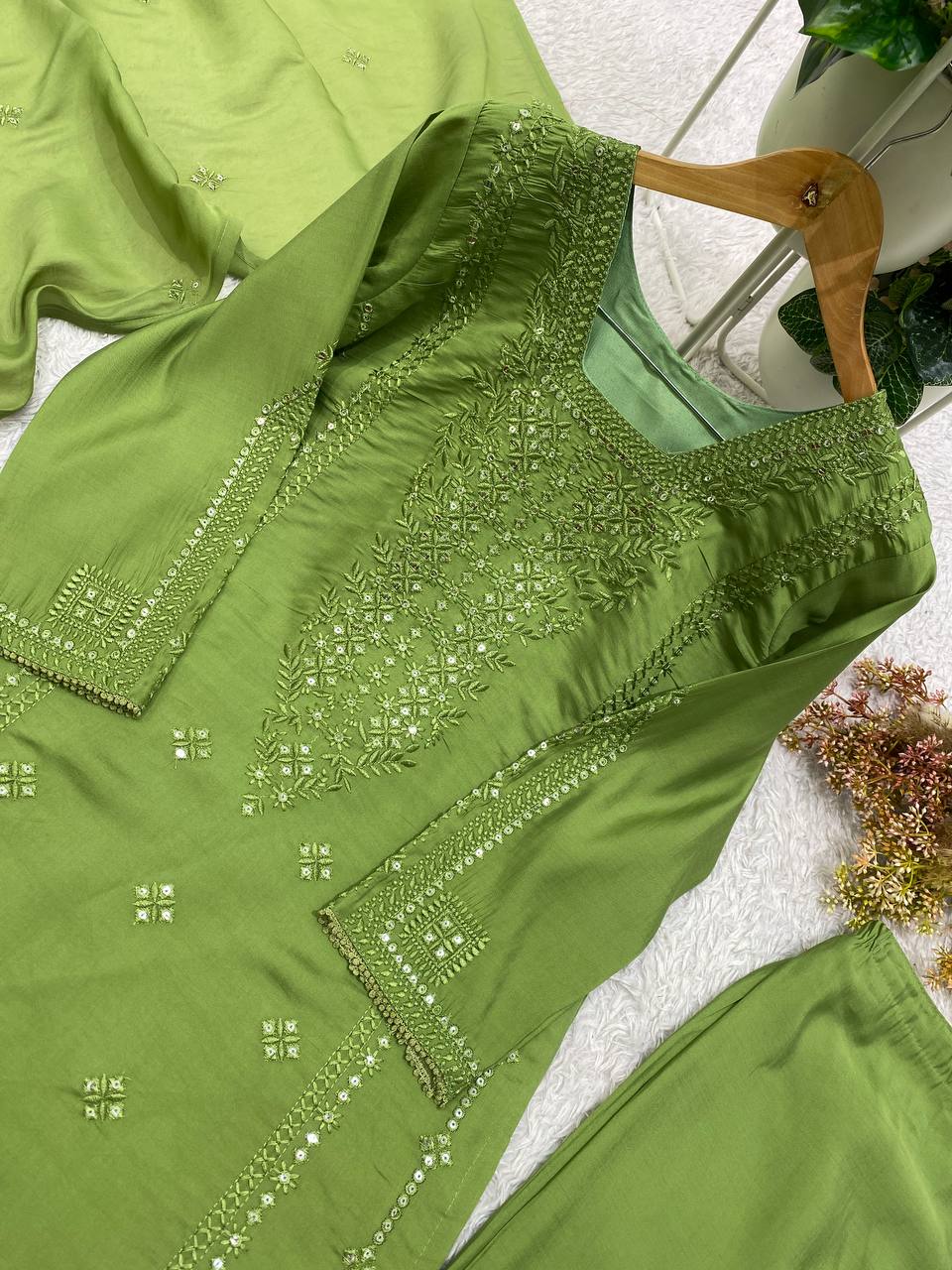 Very Attractive Green Roman Silk Embroidered Suit Set