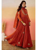 Designer Rust Orange Faux Georgette Embroidered Anarkali Suit Set with Dupatta