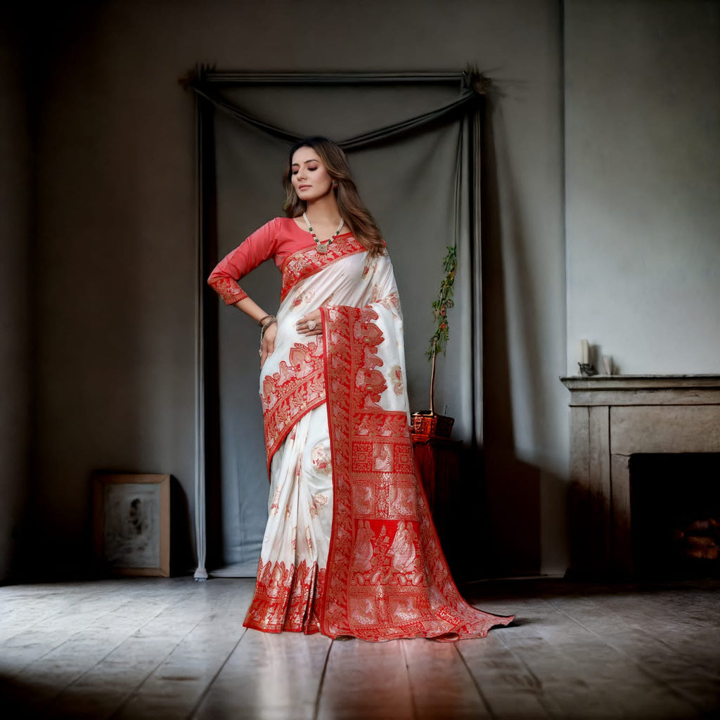 White & Red Soft Banarasi Silk Saree With Zari Weaving Work