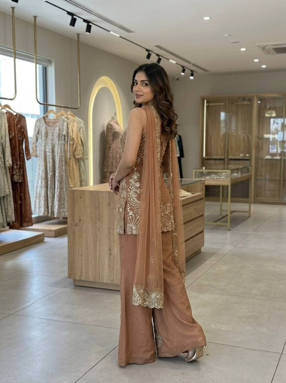 Elegant Brown Sequin Embroidery Coss Moss Sharara Suit Set