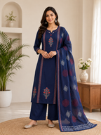 Very Attractive Blue Pure Cotton Hand Block Print Suit Set