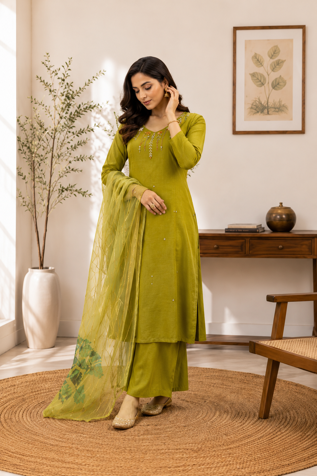 Premium Olive Green Mul Chanderi Suit Set With Beautiful Handwork