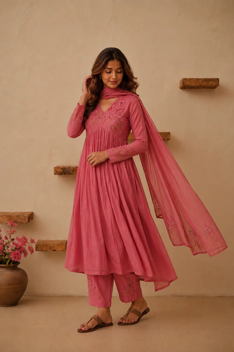 Elegant Pink Floral embroidery Anarkali Style suit Set