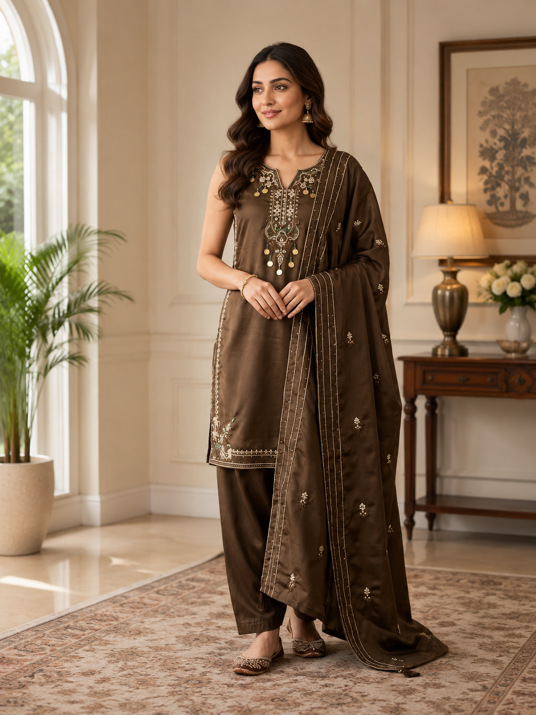 Chocolate Brown Coss Moss Salwar Suit Set with Sequin Embroidery