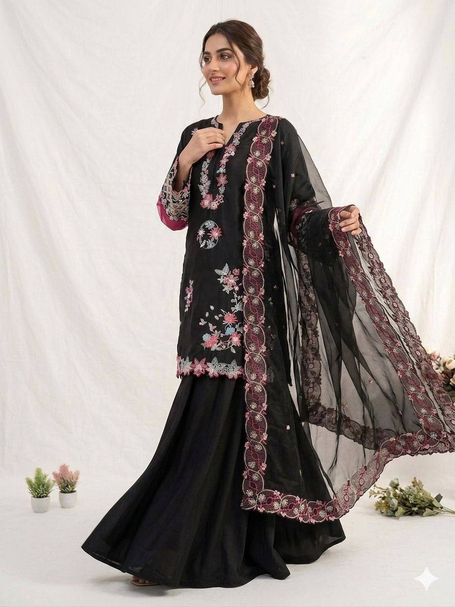New Designer Black Crape Silk Embroidered Sharara Suit Set with Organza Dupatta