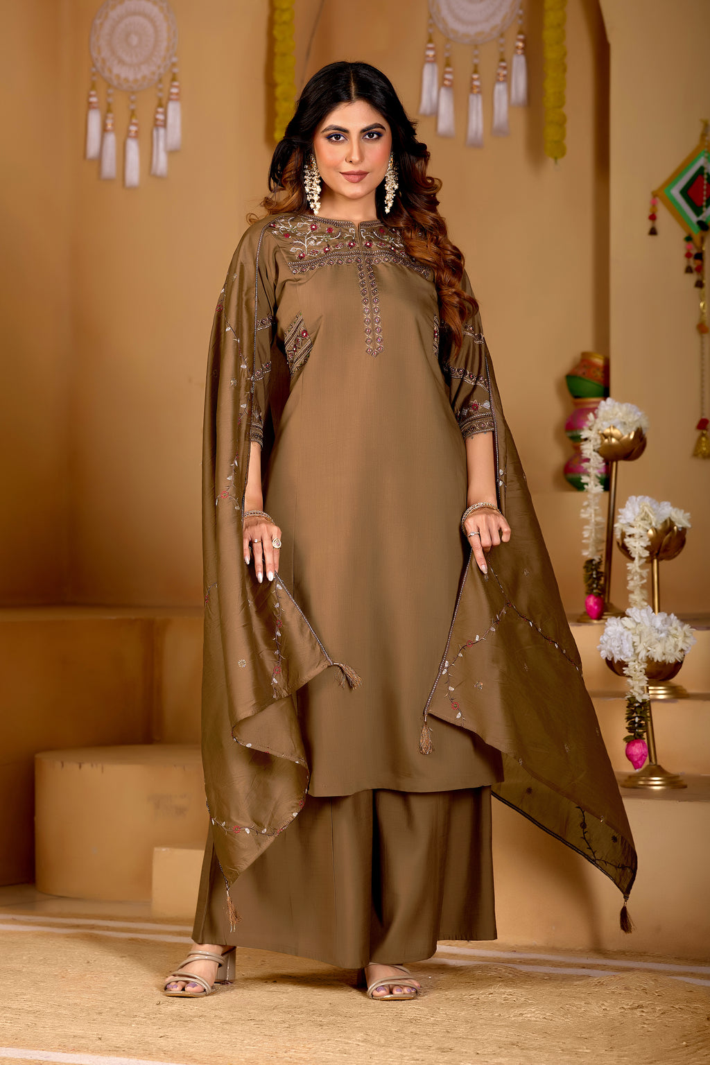 Beautiful Brown Viscose Mango Silk Anarkali Kurti Set