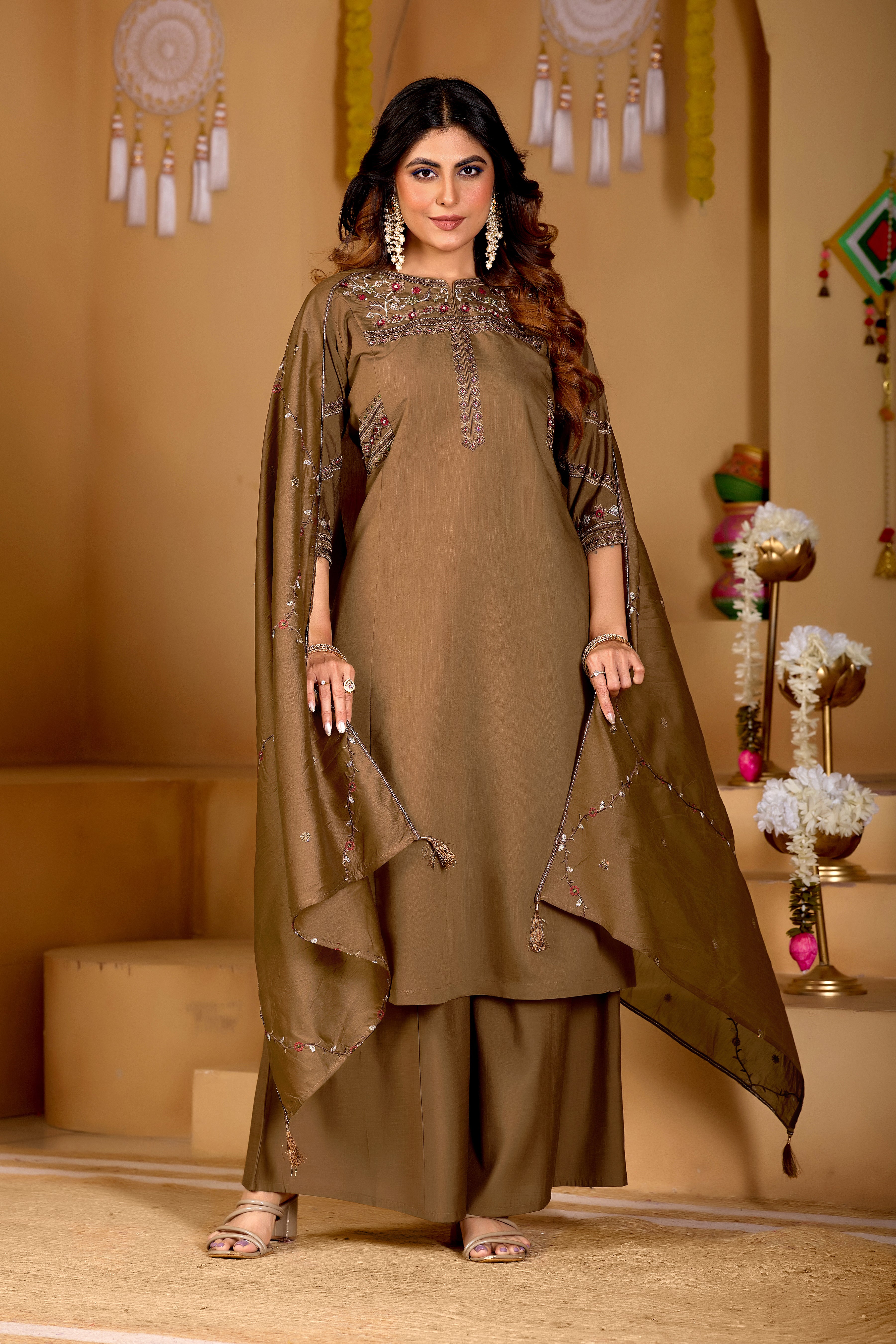 Beautiful Brown Viscose Mango Silk Anarkali Kurti Set
